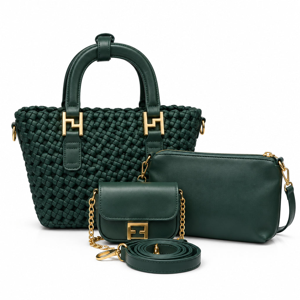 Woven Texture Handbag Set with Detachable Strap