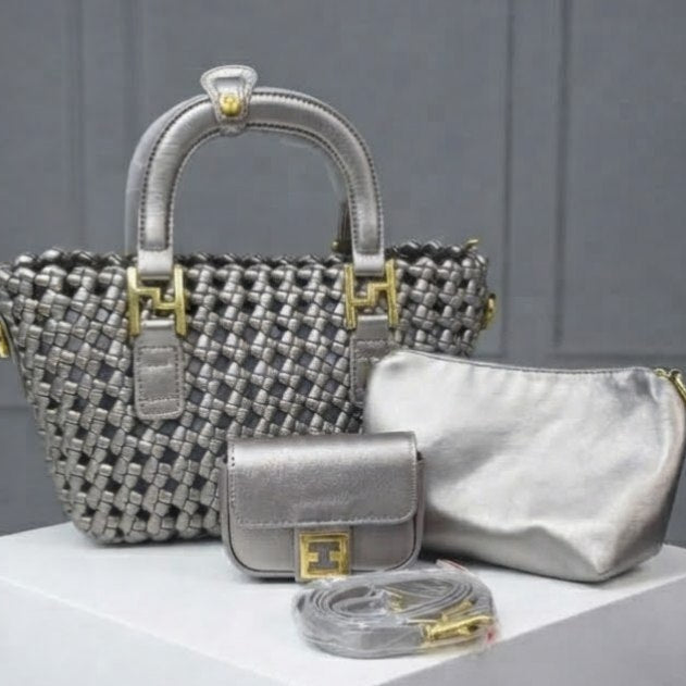 Woven Texture Handbag Set with Detachable Strap
