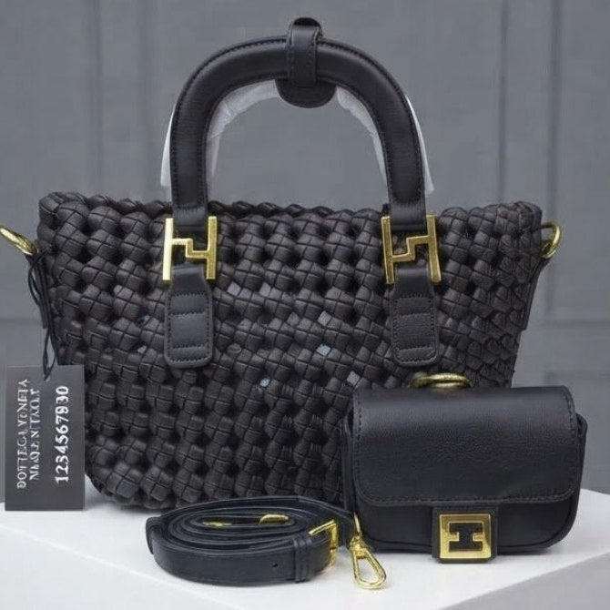 Woven Texture Handbag Set with Detachable Strap