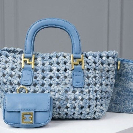 Woven Texture Handbag Set with Detachable Strap