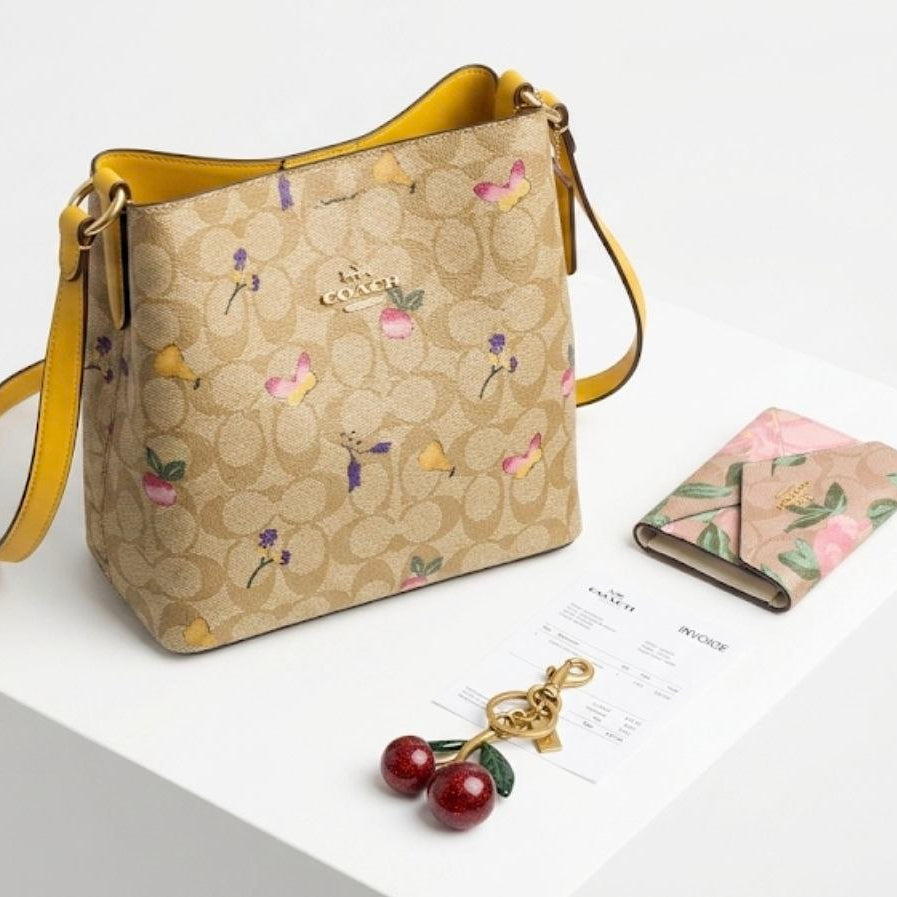 Coach Signature Floral Print Handbag Wallet and Cherry Keychain Set