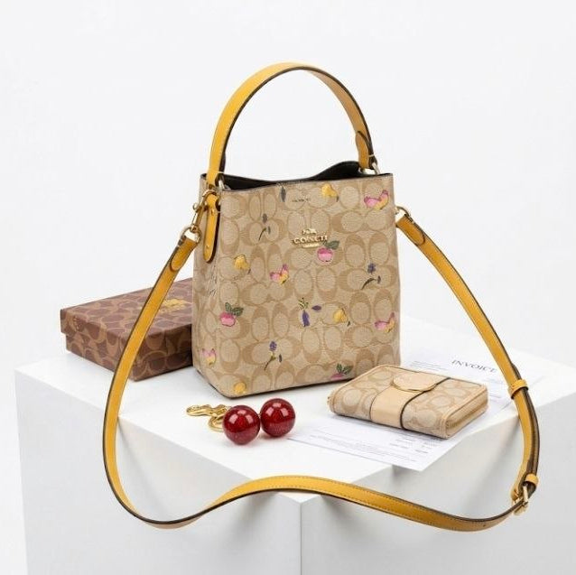 Coach Signature Floral Print Handbag Wallet and Cherry Keychain Set