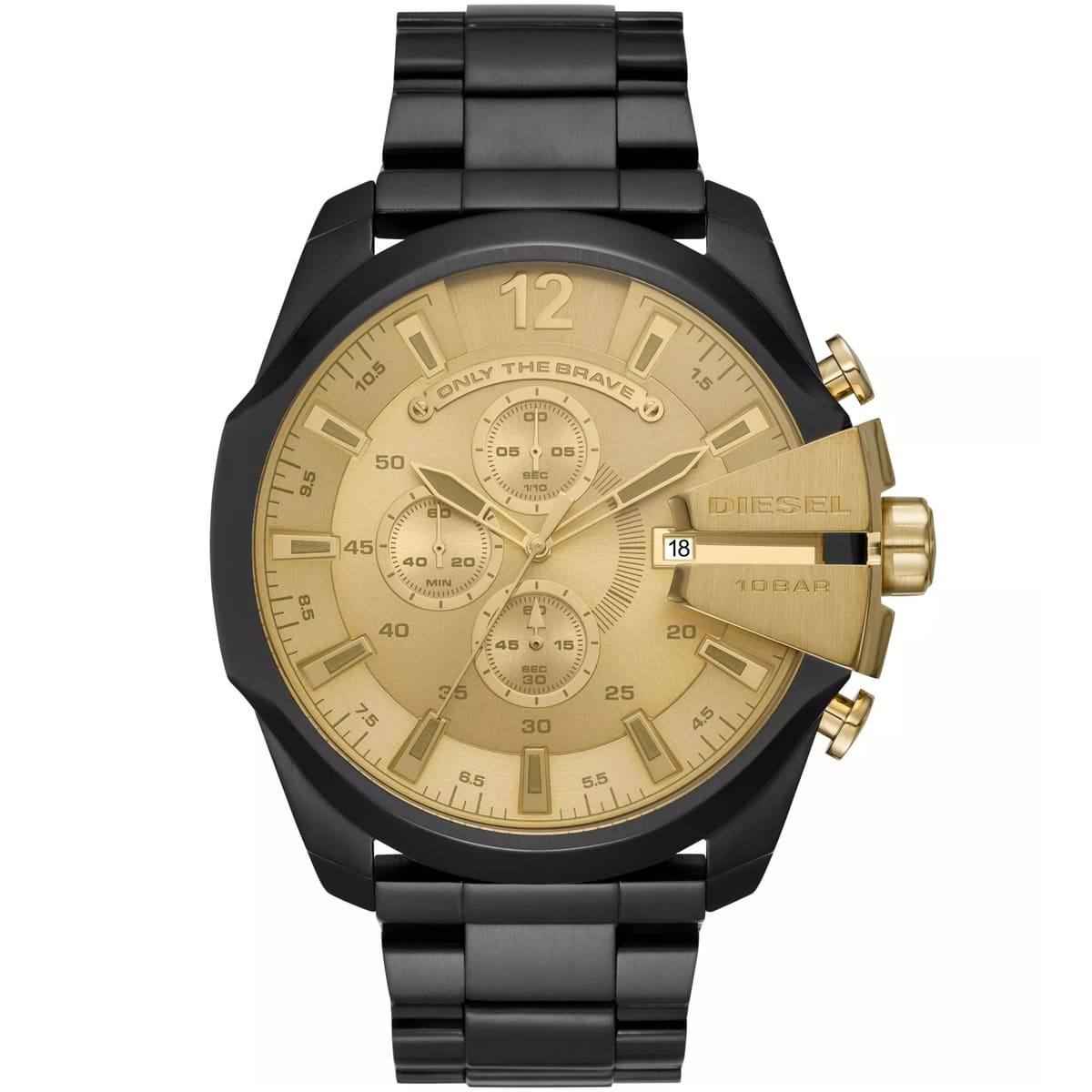 Diesel Mega Chief Chronograph Gold Dial Black Stainless Steel Watch