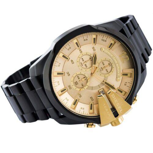 Diesel Mega Chief Chronograph Gold Dial Black Stainless Steel Watch