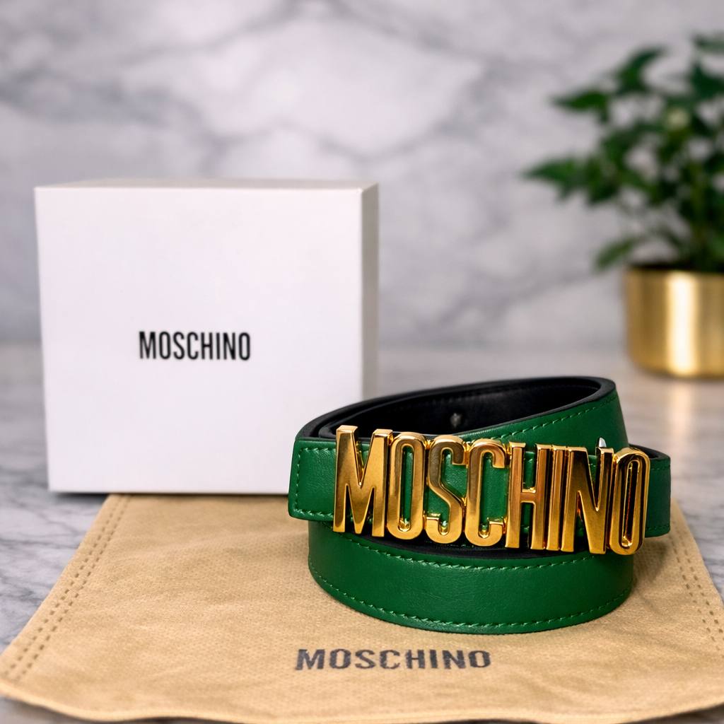 Moschino Logo Lettering Leather Belt in Ochre 🍊✨💼