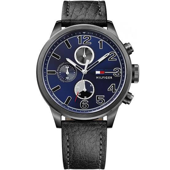 Tommy Hilfiger Black Leather Multifunction Watch ⌚🖤🔵