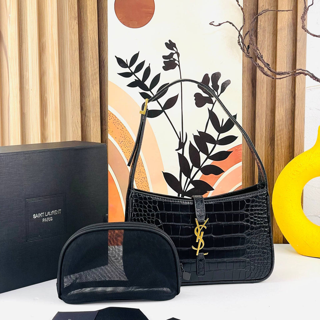Saint Laurent Crocodile Embossed Leather Shoulder Bag in Black 🖤