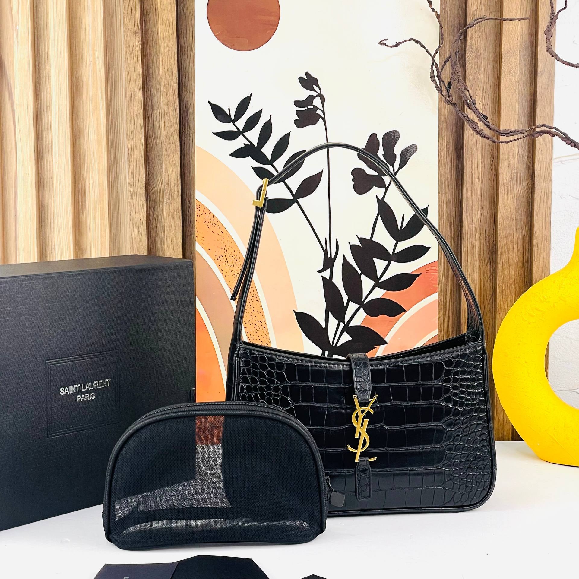 Saint Laurent Crocodile Embossed Leather Shoulder Bag in Black 🖤