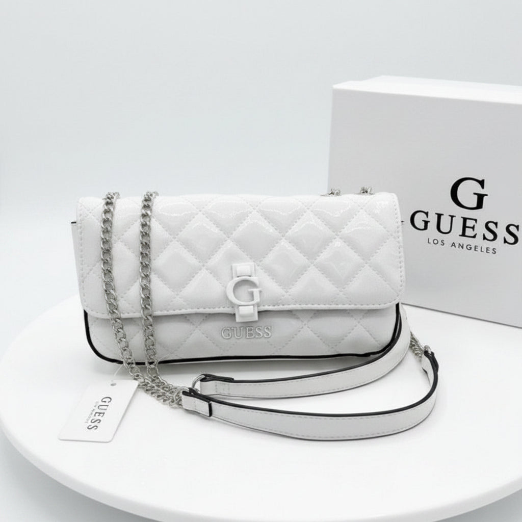 Guess Quilted Patent Leather Chain Bag in White 🤍✨