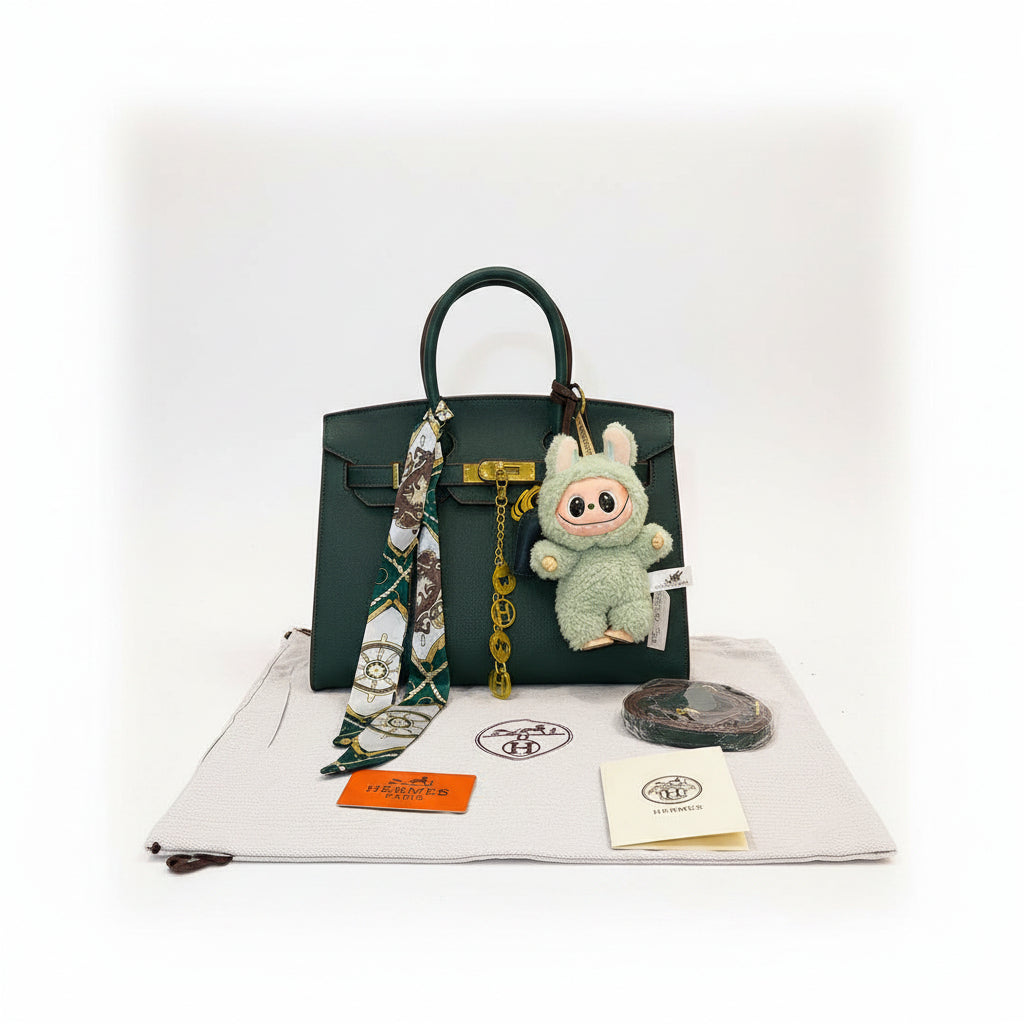 Hermes Style Handbag with Playful Labubu Doll Charm 👜✨