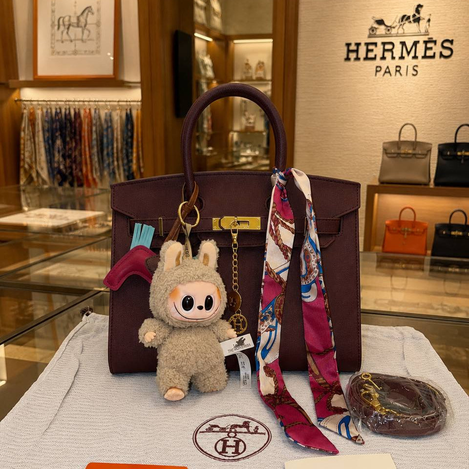 Hermes Style Handbag with Playful Labubu Doll Charm 👜✨