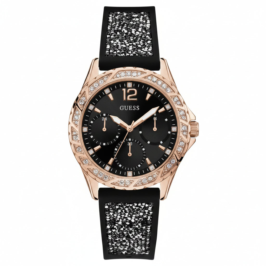 Guess Crystal Embellished Rose Gold and Black Silicone Watch ✨⌚