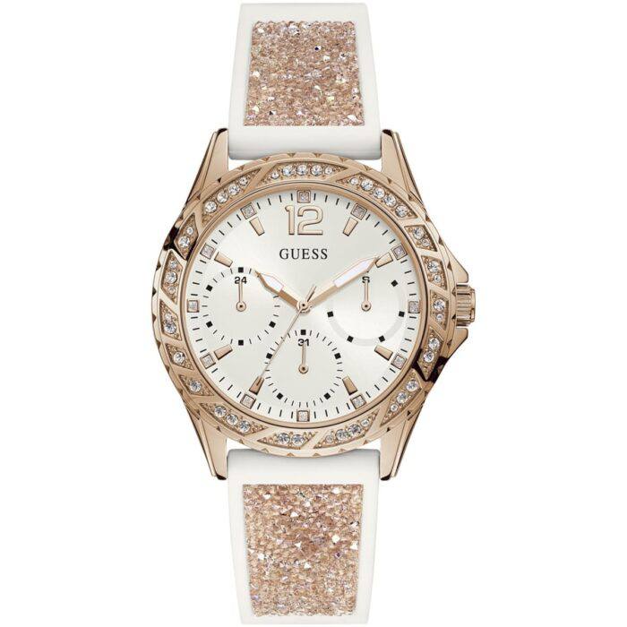 Guess Crystal Embellished Rose Gold and Black Silicone Watch ✨⌚