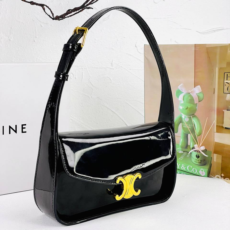 Céline Style Patent Leather Shoulder Bag with Gold-Tone Hardware ✨👜