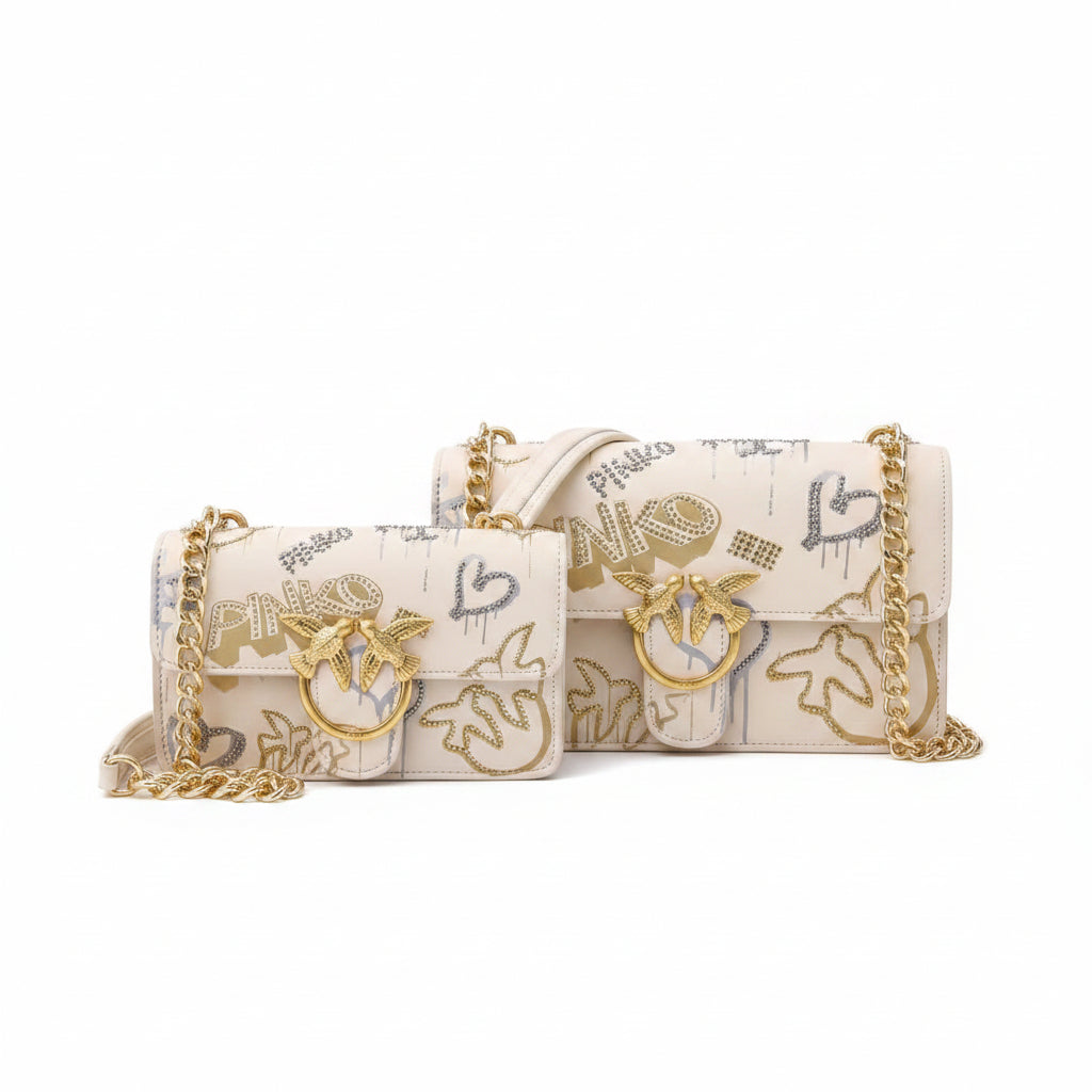 Pinko Graffiti Bird Buckle Chain Bag in White and Gold 🕊️✨