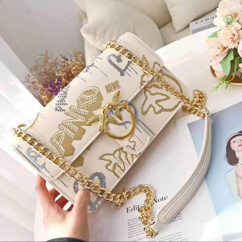 Pinko Graffiti Bird Buckle Chain Bag in White and Gold 🕊️✨