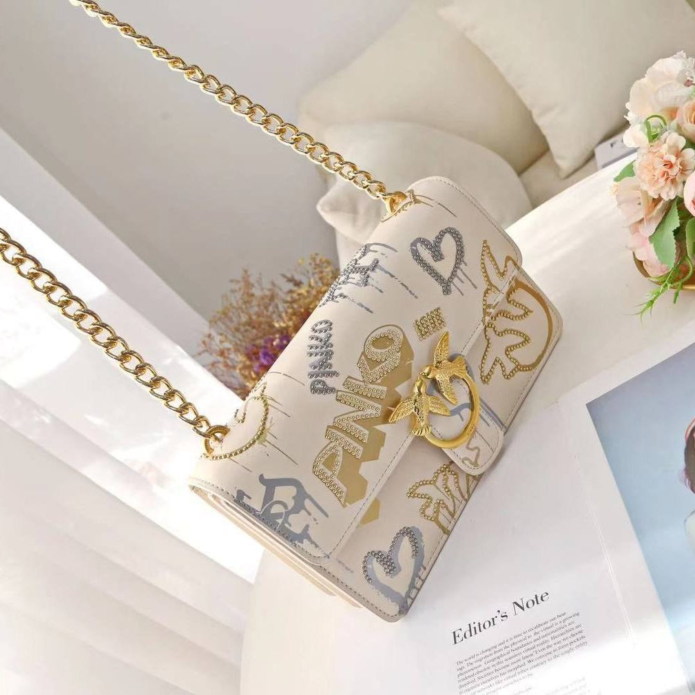 Pinko Graffiti Bird Buckle Chain Bag in White and Gold 🕊️✨