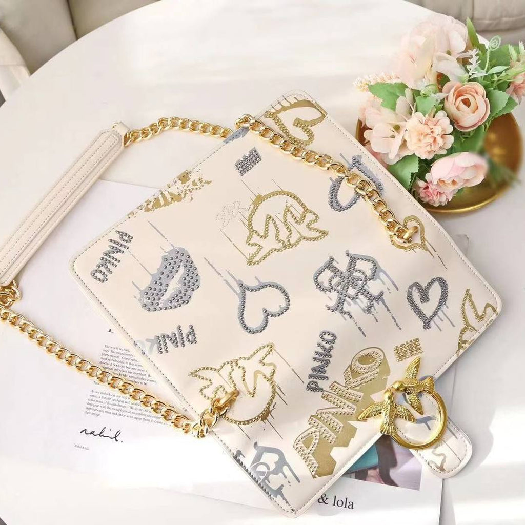 Pinko Graffiti Bird Buckle Chain Bag in White and Gold 🕊️✨