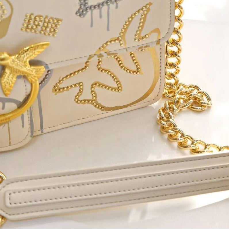 Pinko Graffiti Bird Buckle Chain Bag in White and Gold 🕊️✨