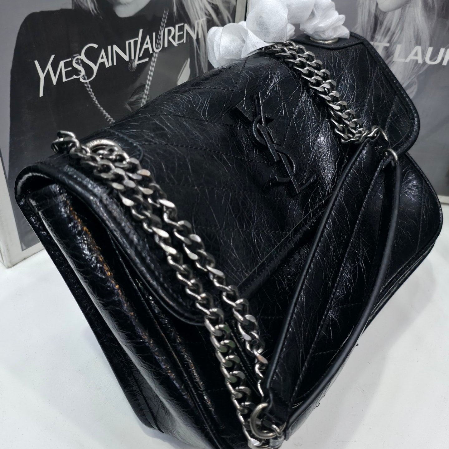 Saint Laurent Mirror Original Chain Bag in Distressed Black