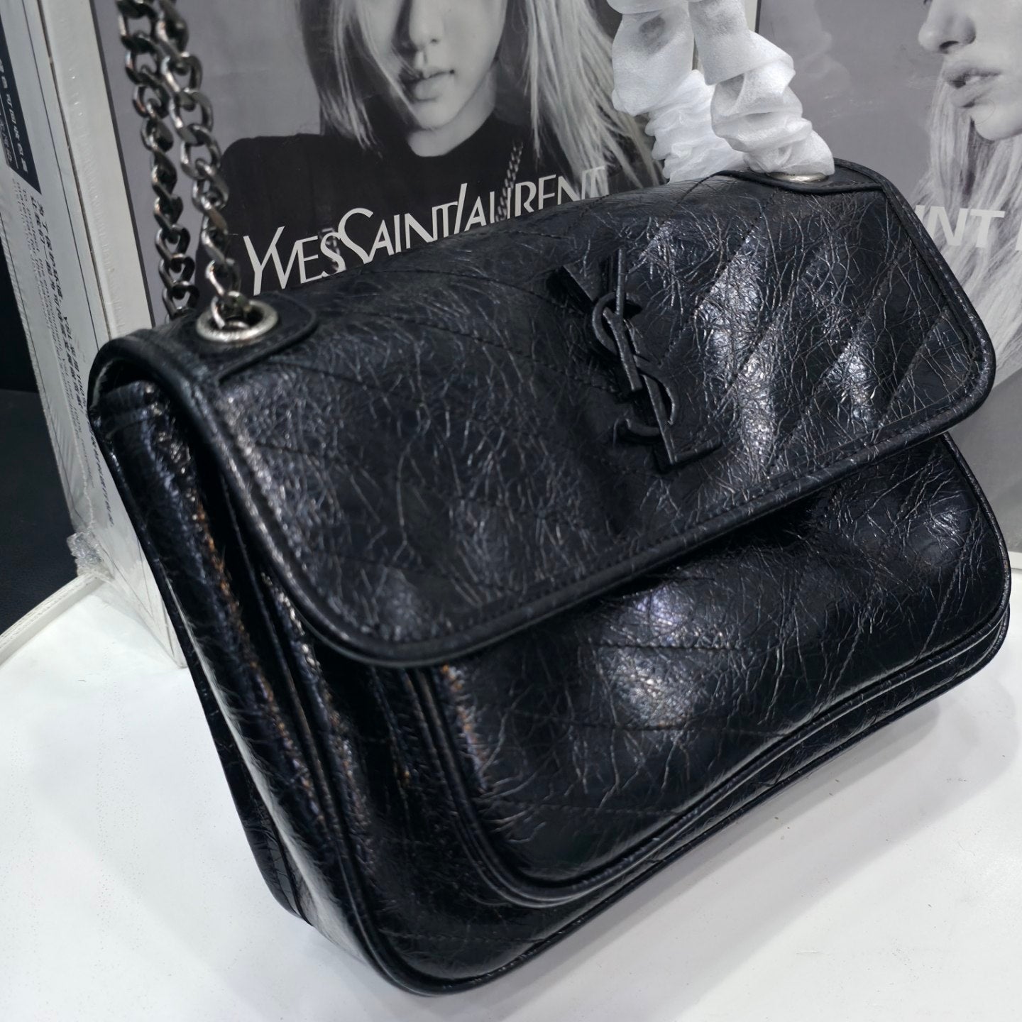 Saint Laurent Mirror Original Chain Bag in Distressed Black