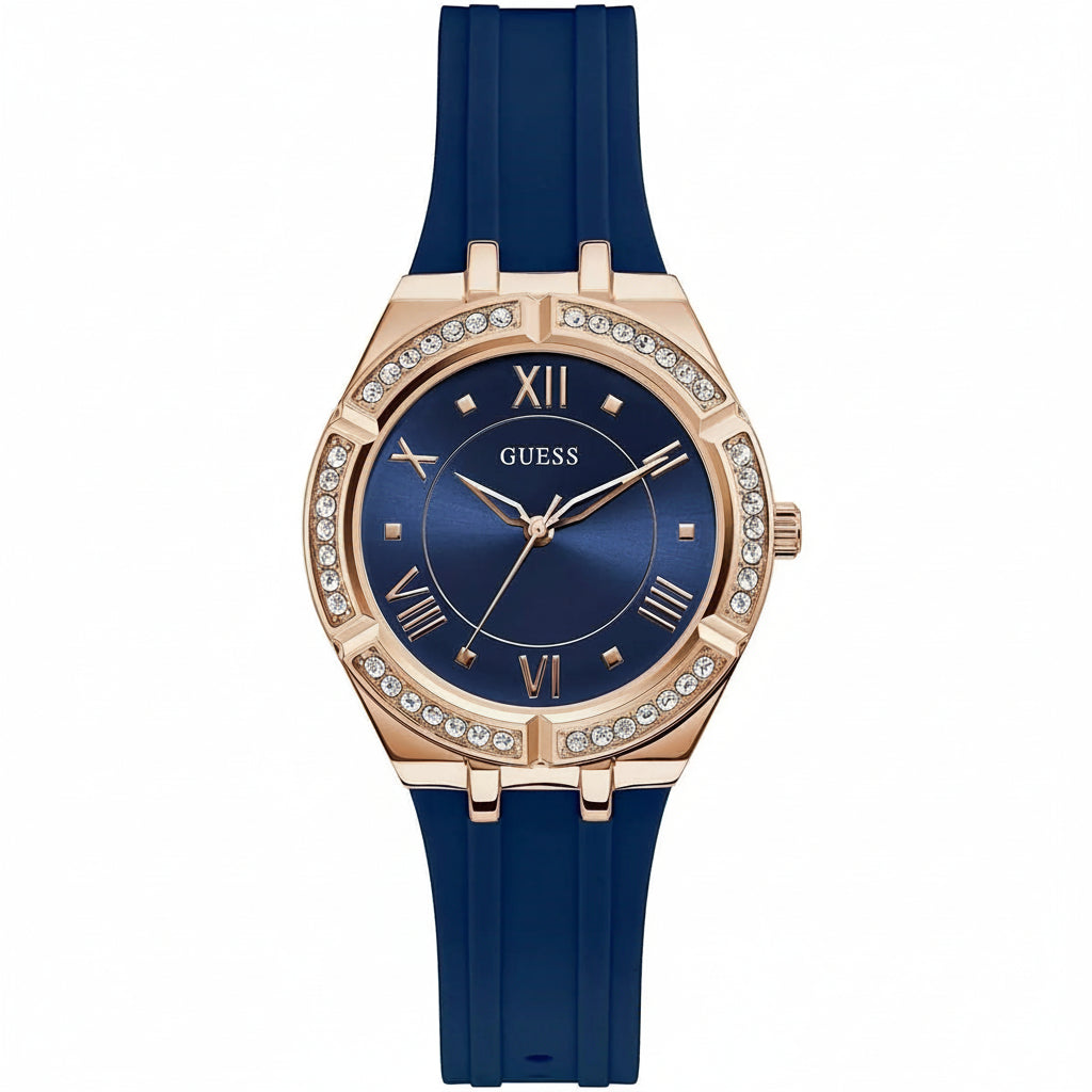 Guess Crystal Bezel Watch with Blue Silicone Strap