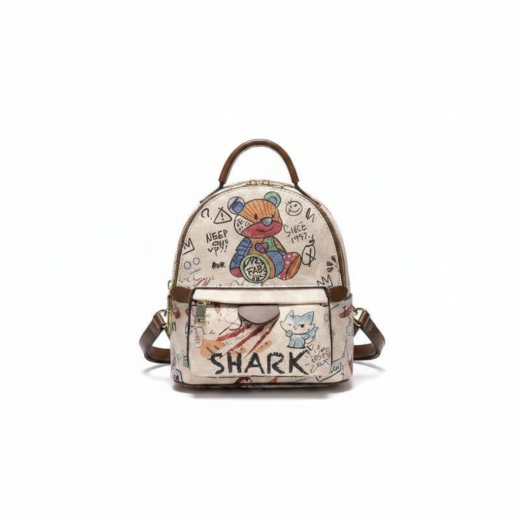 I.T GOLEDY Graffiti Print Mini Backpack with Playful Bear and Cat