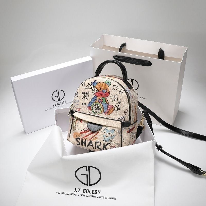 I.T GOLEDY Graffiti Print Mini Backpack with Playful Bear and Cat