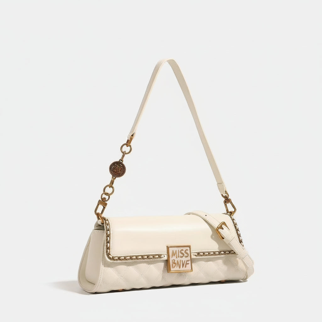 Miss BNVF Off-White Quilted Shoulder Bag with Chain Detail