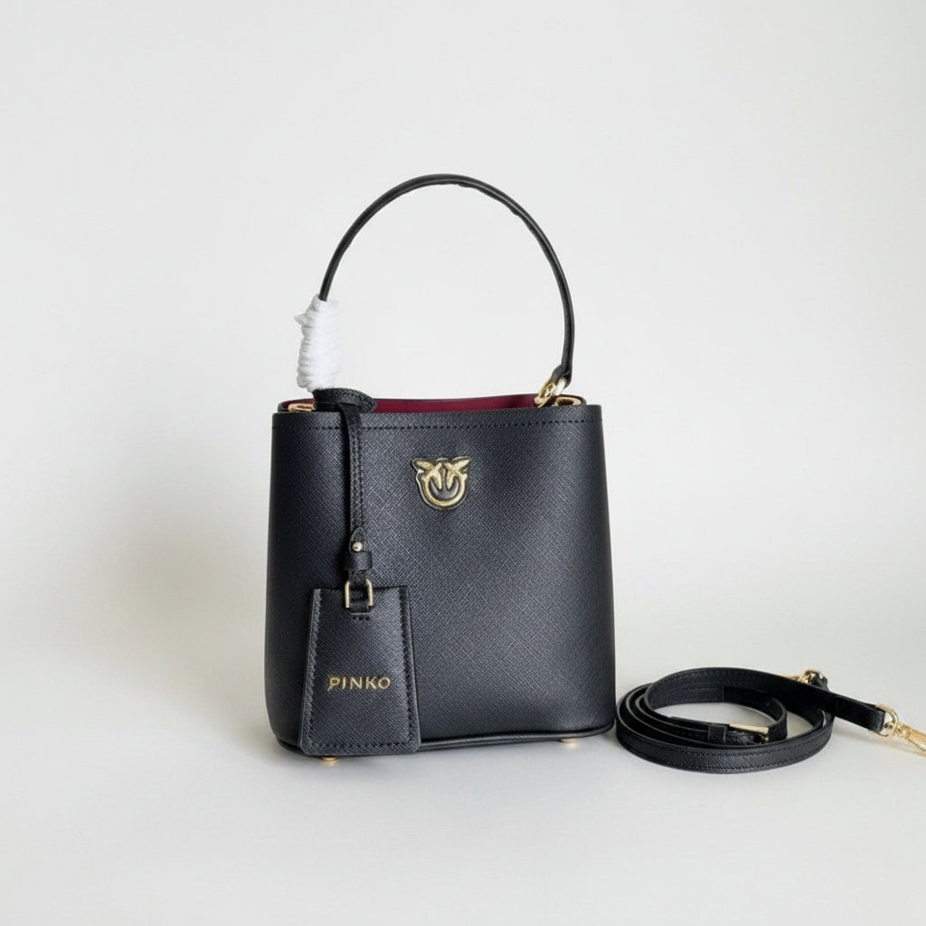 Pinko Black Structured Logo Bucket Bag