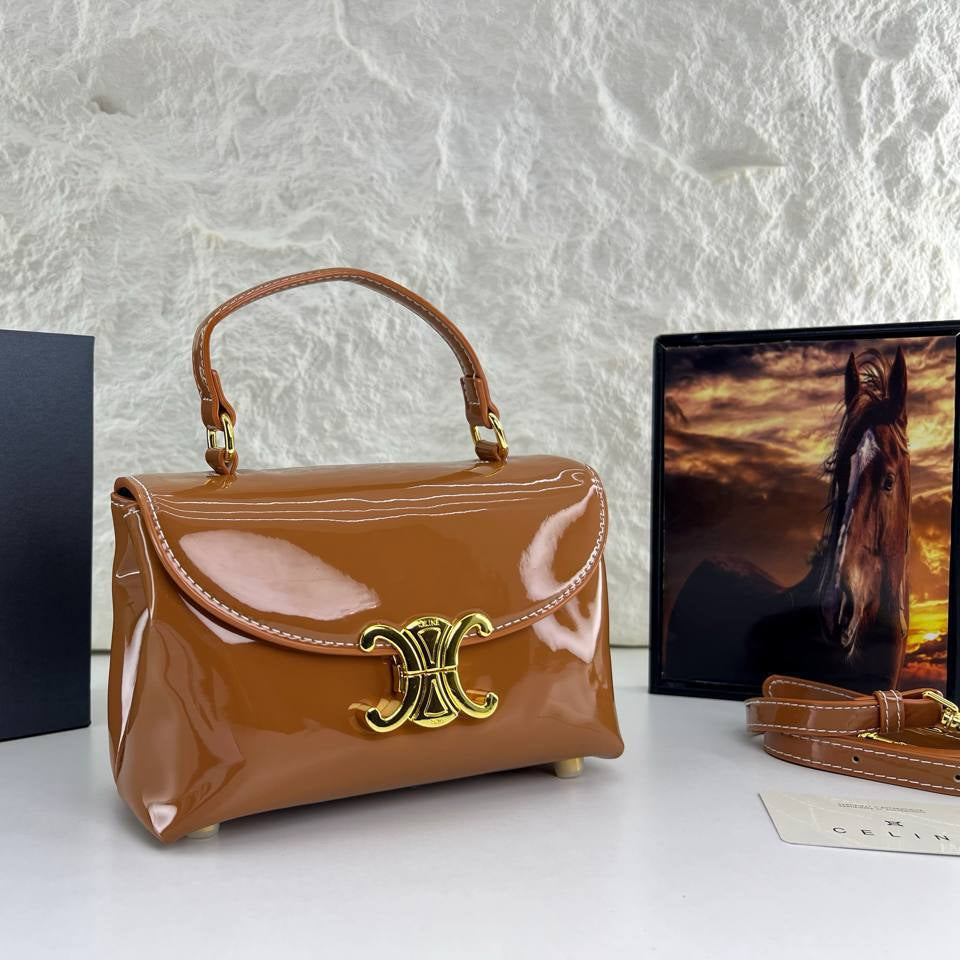 Celine Patent Leather Structured Handbag with Gold Tone Hardware