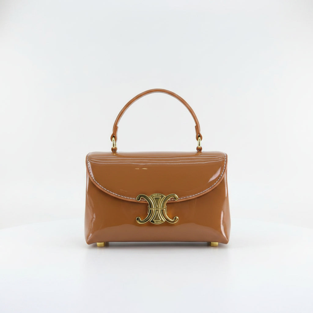 Celine Patent Leather Structured Handbag with Gold Tone Hardware