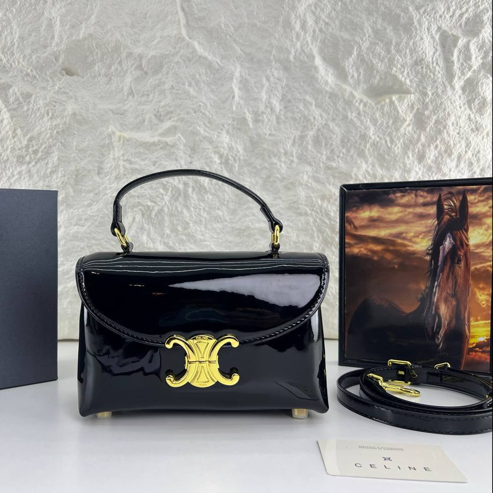 Celine Patent Leather Structured Handbag with Gold Tone Hardware