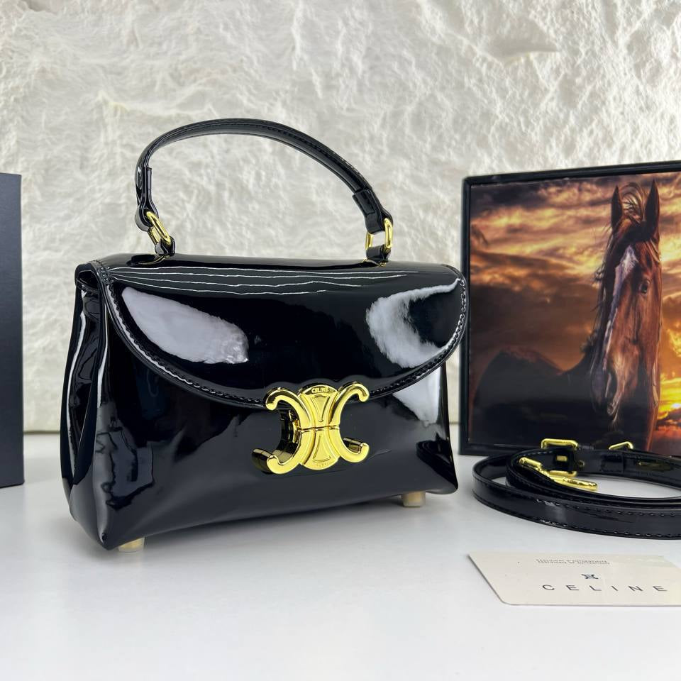 Celine Patent Leather Structured Handbag with Gold Tone Hardware