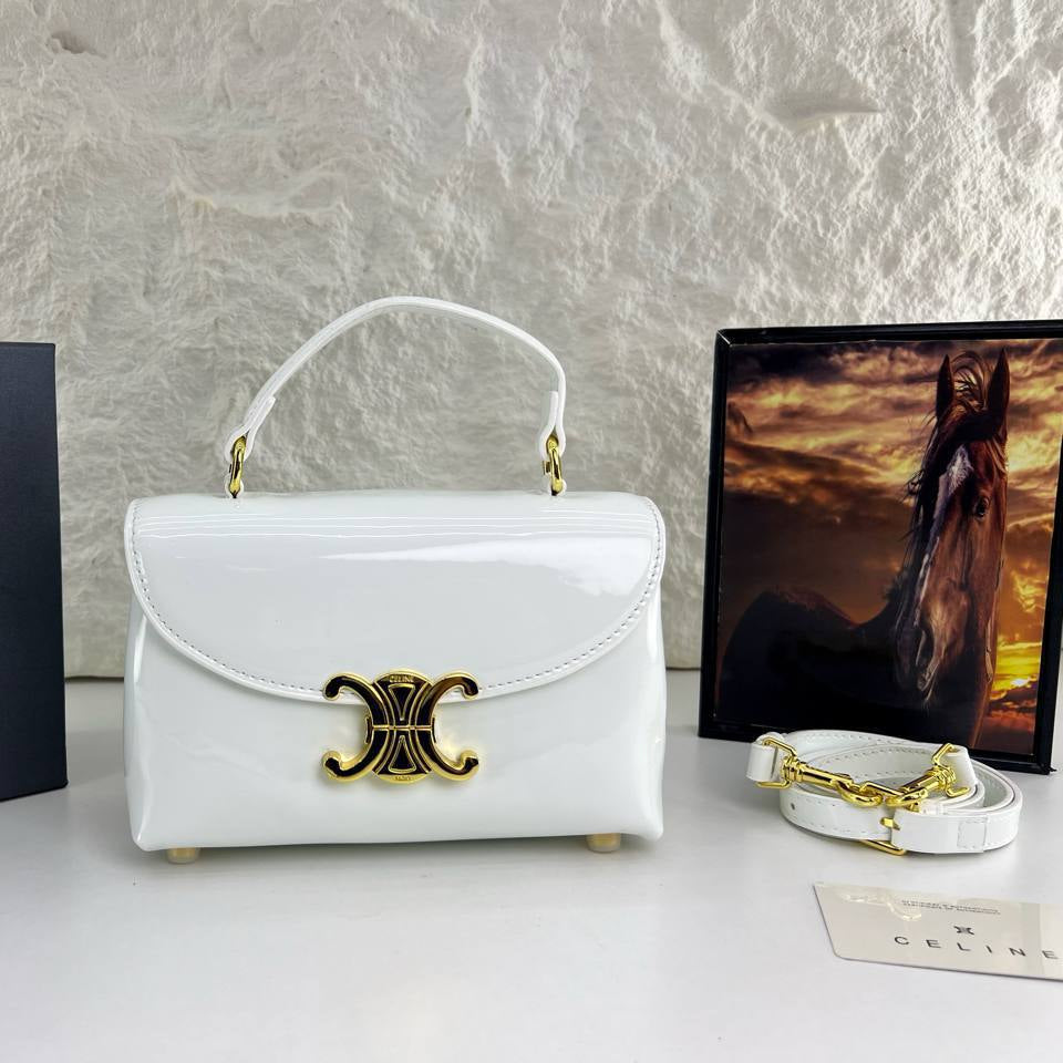 Celine Patent Leather Structured Handbag with Gold Tone Hardware
