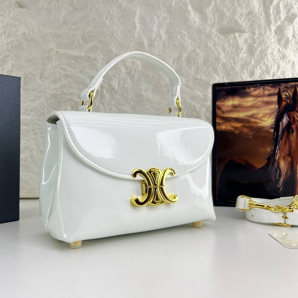 Celine Patent Leather Structured Handbag with Gold Tone Hardware