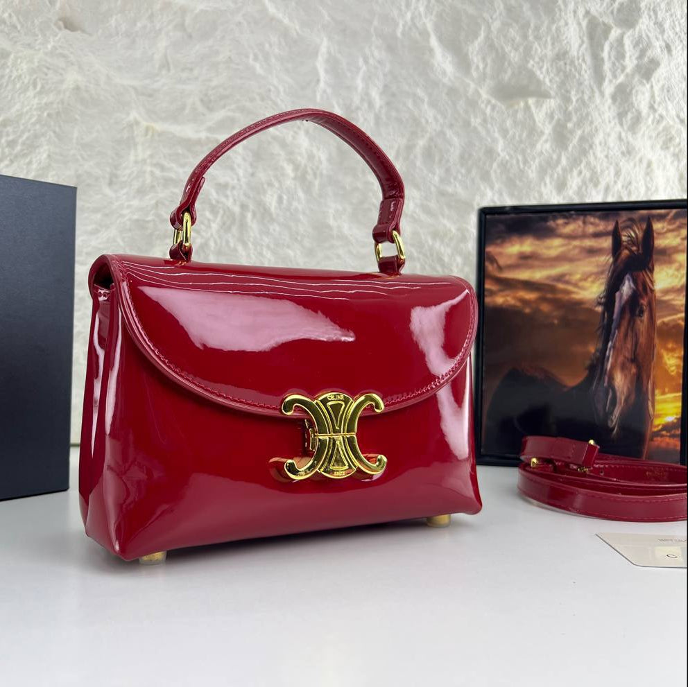 Celine Patent Leather Structured Handbag with Gold Tone Hardware