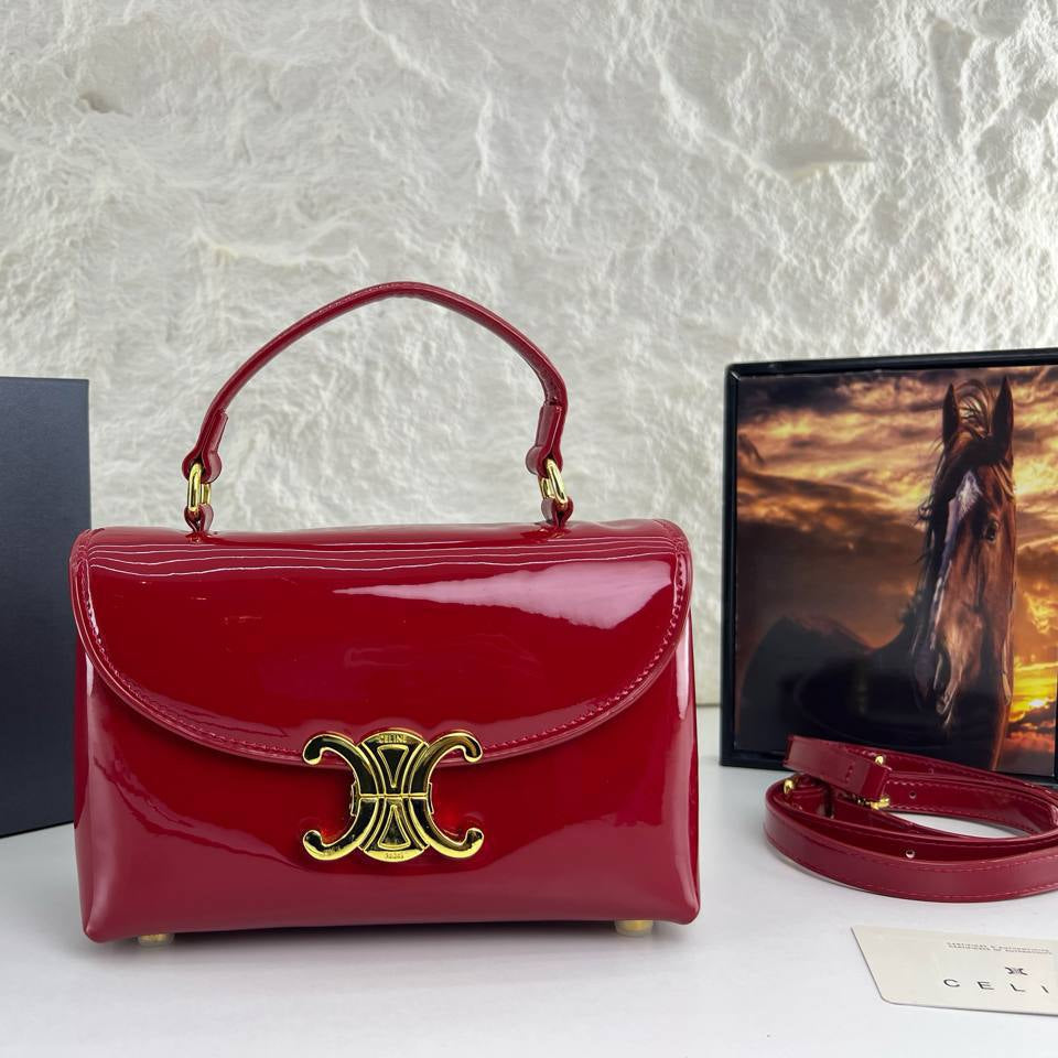 Celine Patent Leather Structured Handbag with Gold Tone Hardware