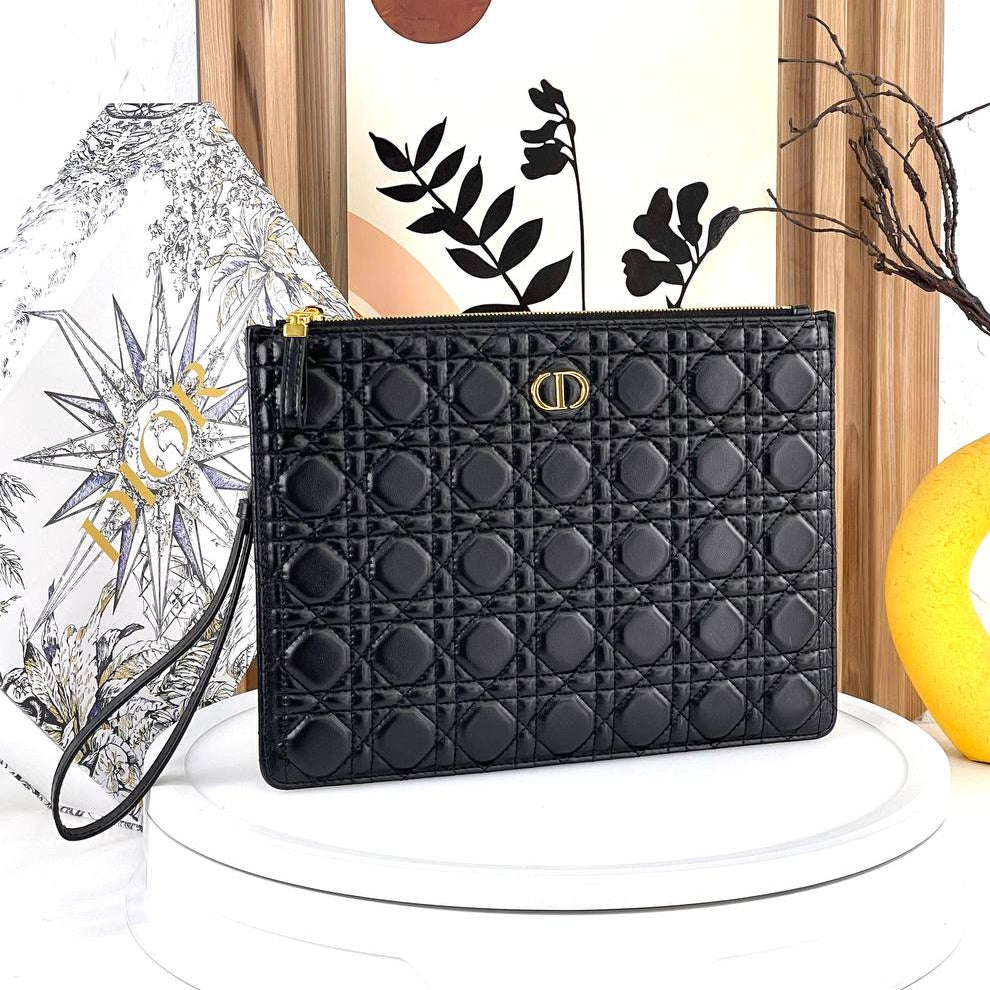 Elegant Quilted Wristlet Clutch with Gold Tone CD Hardware