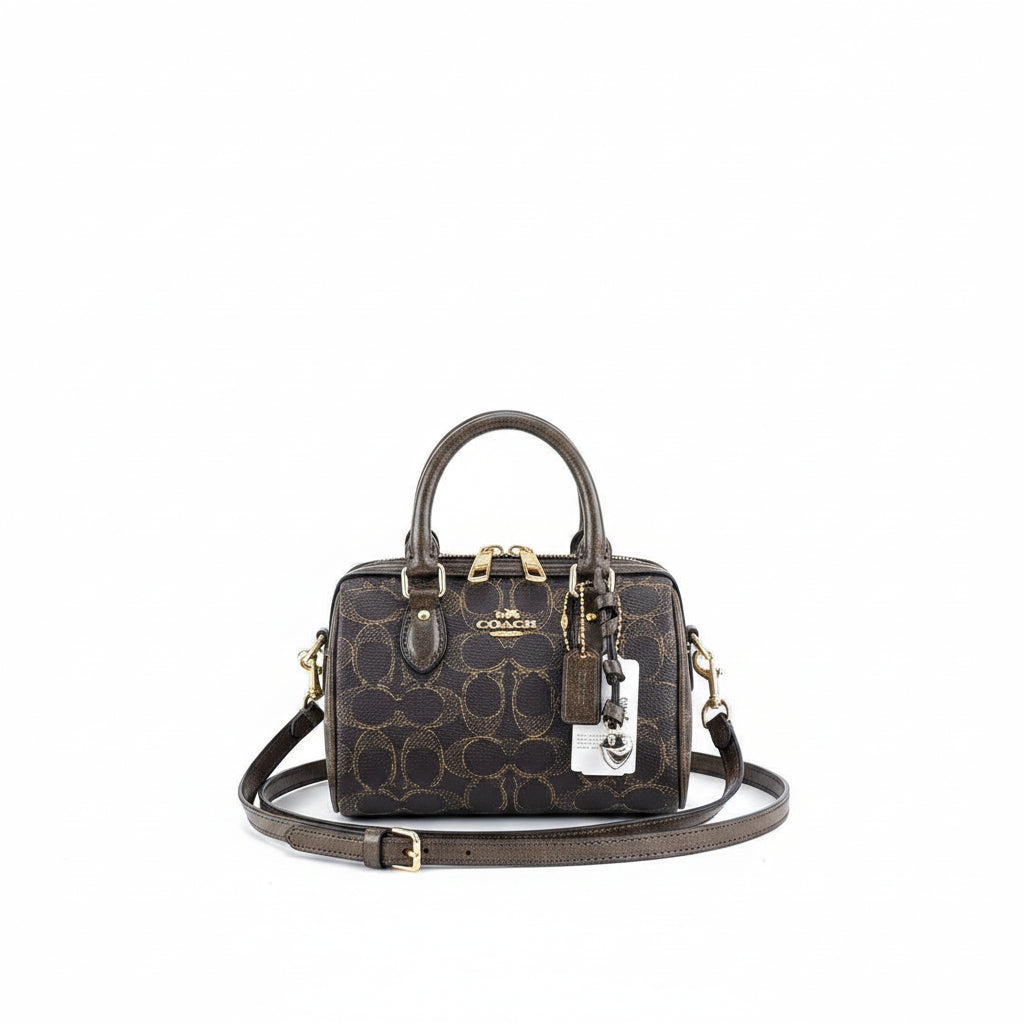 Coach Signature Monogram Mini Brown Barrel Bag
