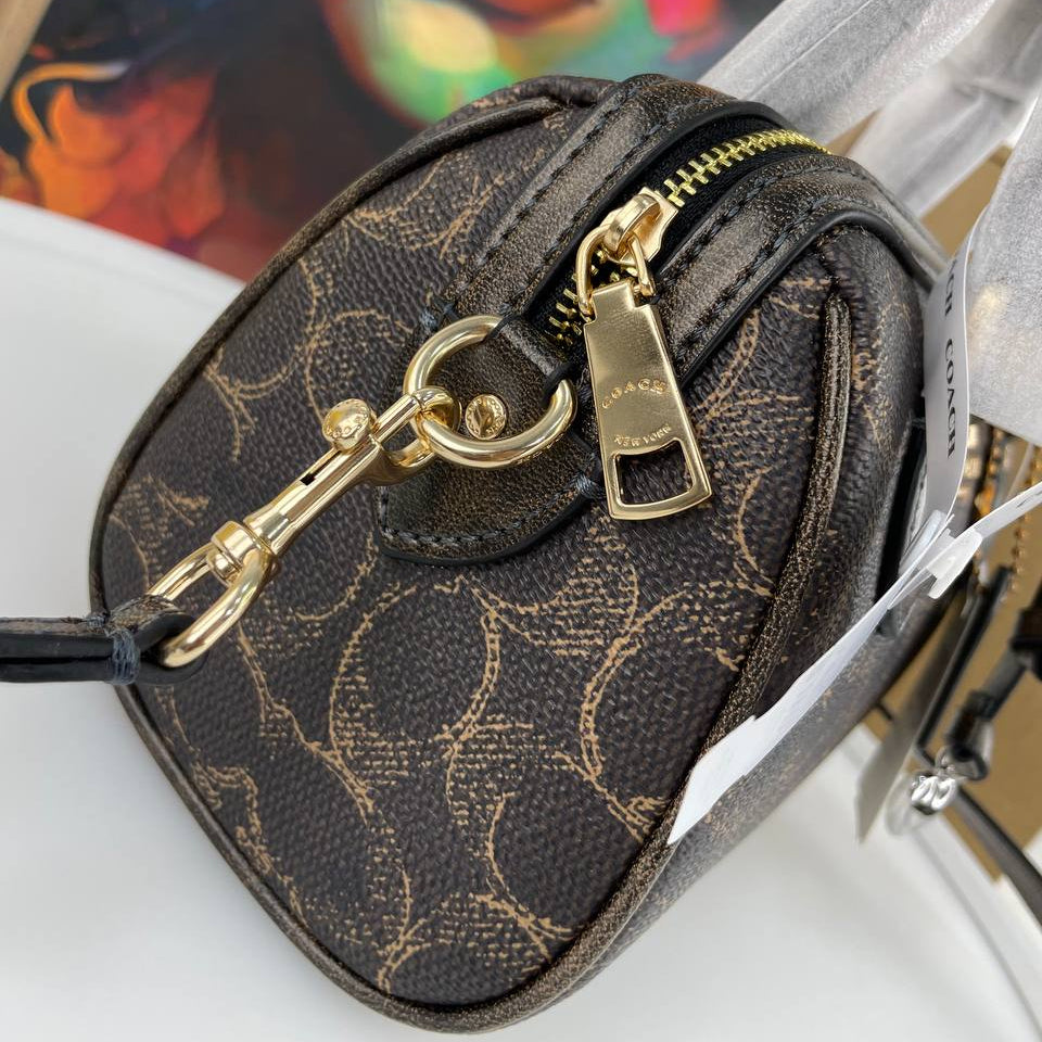 Coach Signature Monogram Mini Brown Barrel Bag