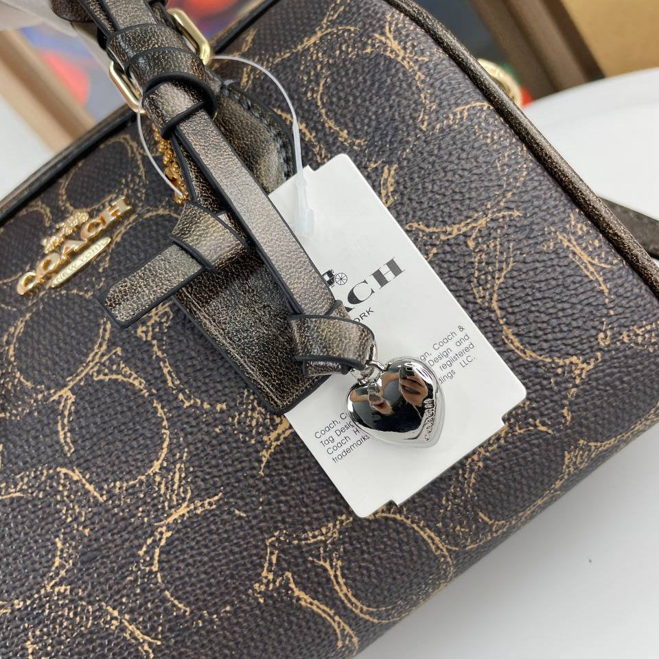 Coach Signature Monogram Mini Brown Barrel Bag