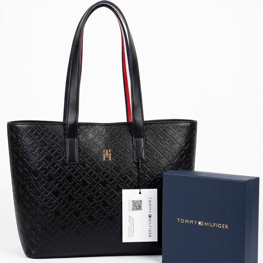 Tommy Hilfiger Monogram Embossed Black Tote Bag