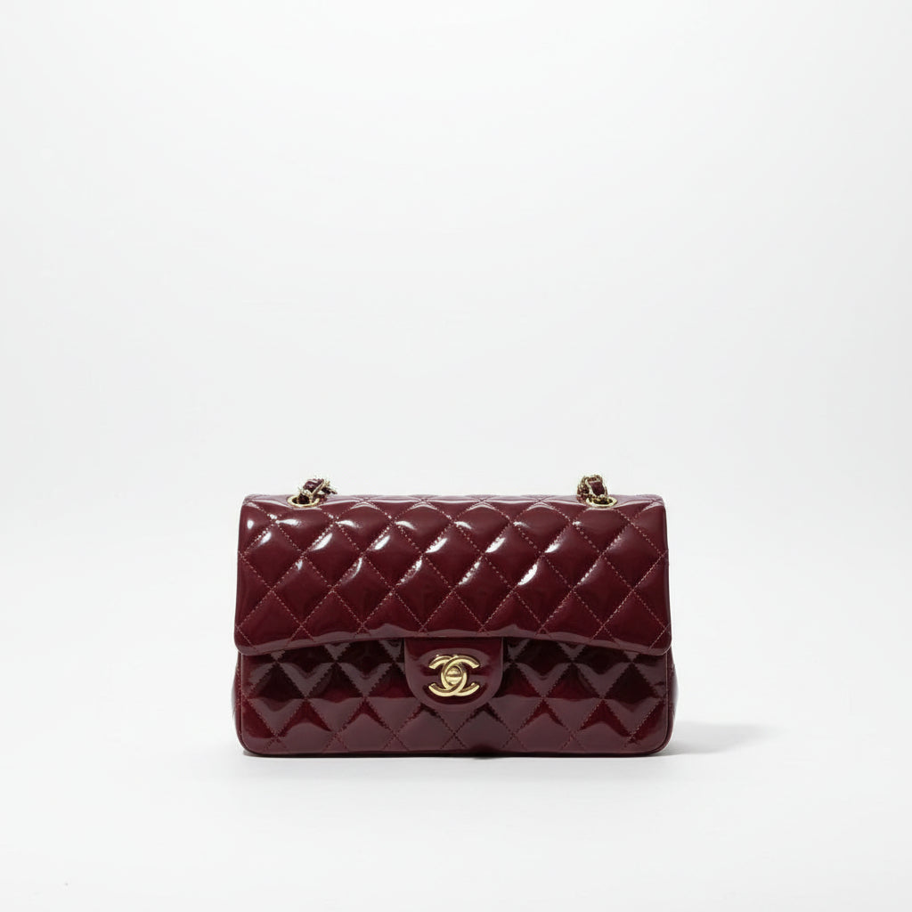 Chanel Burgundy Patent Leather Quilted Flap Bag with Chain Strap