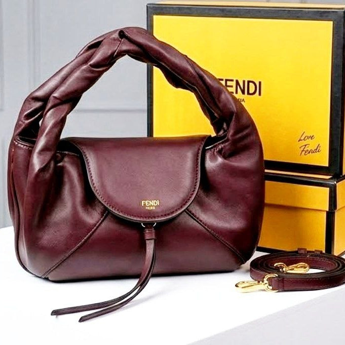 Fendi Soft Leather Burgundy Handbag with Sculpted Handle