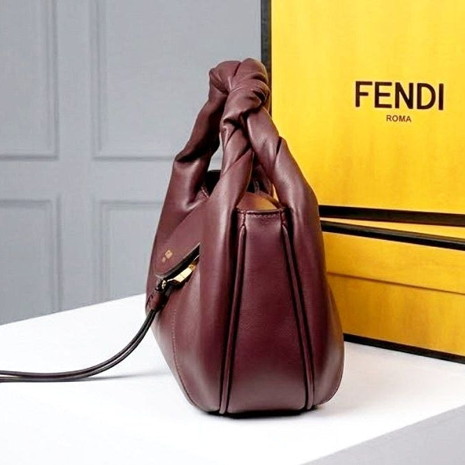 Fendi Soft Leather Burgundy Handbag with Sculpted Handle