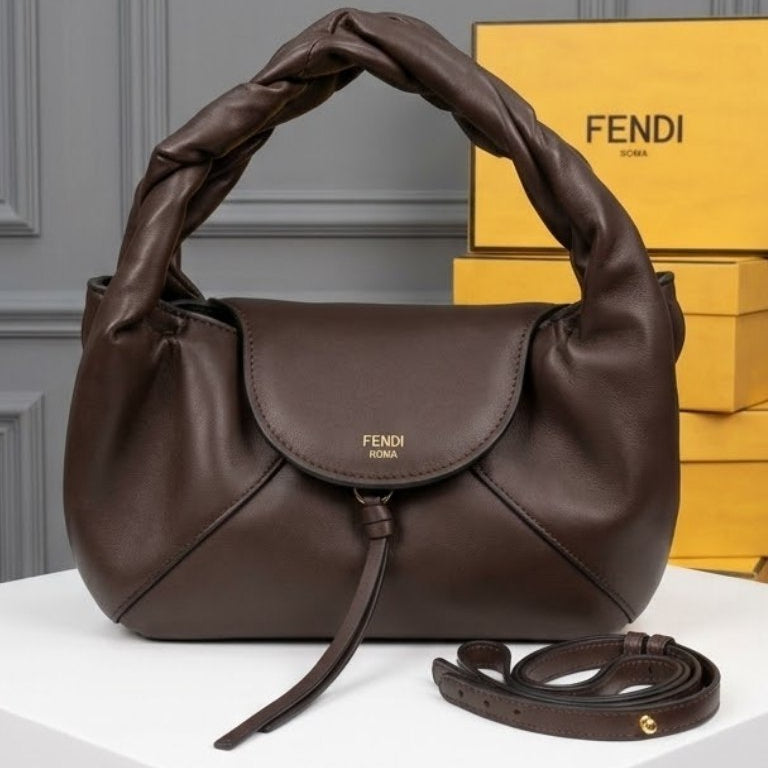 Fendi Soft Leather Burgundy Handbag with Sculpted Handle