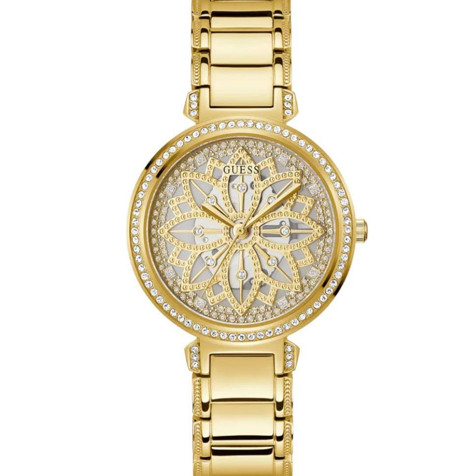 Guess Floral Crystal Embellished Gold Tone Watch