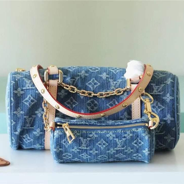 Louis Vuitton Denim Monogram Barrel Bag with Matching Mini Pouch