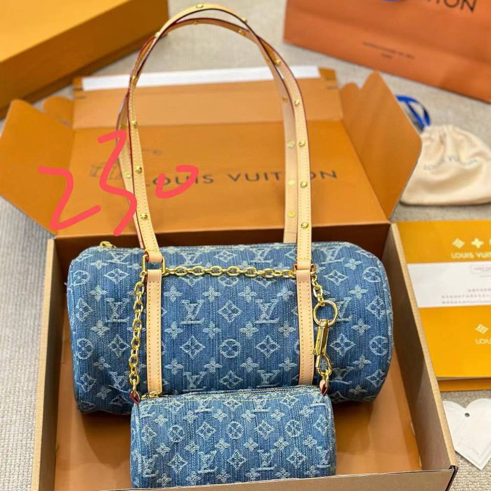 Louis Vuitton Denim Monogram Barrel Bag with Matching Mini Pouch